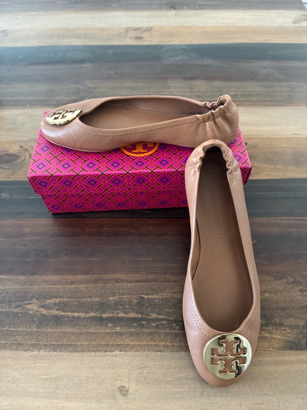 Tory Burch Tan Leather Ballet Flats with Gold Logo